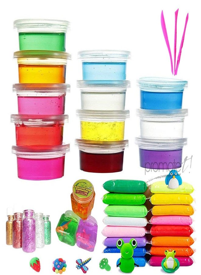 Promote Trader 12 Crystal Slime, 3 Toy Slime and 12 Air Dry Clay Combo with Free Glitter and Modelling Tools for Kids Boys and Girls Party Set DIY Slime Kit for School Supplies - Image 1